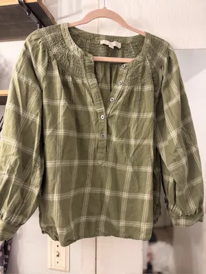 LOFT Olive Green Button-Front Blouse thumbnail 1