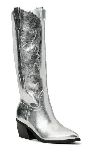 Madden Girl Madden NYC by Steve Madden Metallic Silver Etched Mid Calf Western Boots thumbnail 1