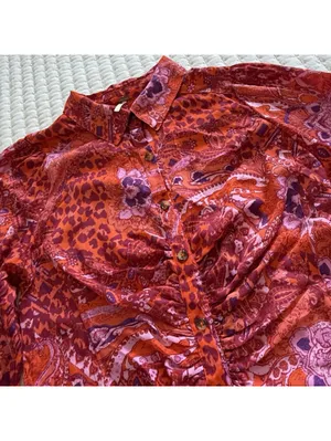 Free People Bianca S Small Button Up Top Red Orange Animal & Floral Print Boho thumbnail 11