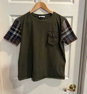 Zara Olive Green Tee with Brown & Navy Plaid Sleeves thumbnail 1