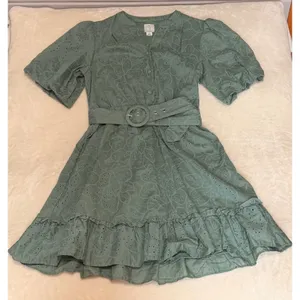 Joie Sage Green Eyelet Cotton Belted Mini Dress Puff Sleeve Ruffle Hem Size 2 thumbnail 1
