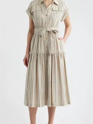 NWT Zoe and Claire Button-Front Maxi Dress with Waist Tie - Neutral Stripe XS thumbnail 2