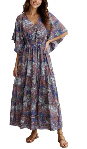 L Boemo Women’s Blue Paisley Animal Tiered Bohemian Maxi Dress Smocked Waist thumbnail 1