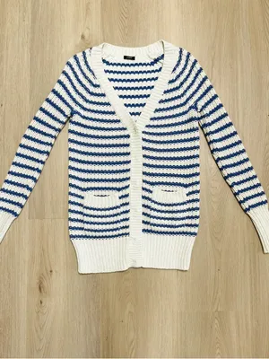 J Crew Cream Blue Purple Stripe Deep V Neck Snap Button Longer Sweater Cardigan thumbnail 6