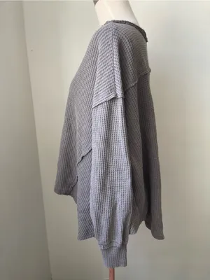 Pink Rose Gray Waffle V-Neck Pullover Sweatshirt thumbnail 2
