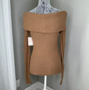 Free People Fold Over Off The Shoulder Ribbed Brown Sweater Tops Size XS thumbnail 6