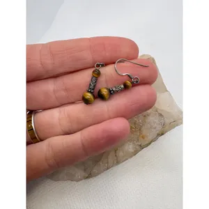 Vintage Sterling Silver 925 Tigers Eye Dangle Drop Earrings Bali Style Boho thumbnail 5