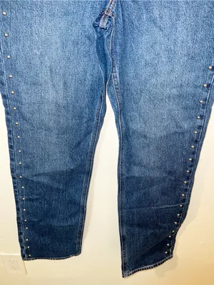 Old Navy Dark Blue Straight Extra High-Rise Studded Jeans thumbnail 3