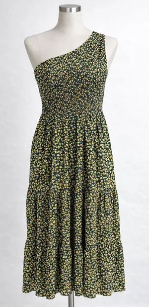 HYFVE Dress‎ Women S Navy Yellow Floral One Shoulder Smocked Tiered Midi thumbnail 1
