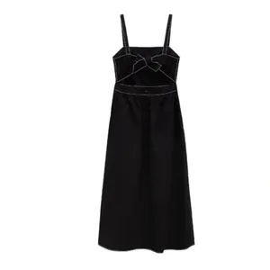 ZARA‎ Luiza Black Midi Dress Tie Back Contrast Stitching Pockets Poplin X-Large thumbnail 10