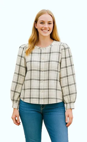 Wilfred Free Puff Sleeve Button Front Window Pane Plaid Top Size Medium thumbnail 1