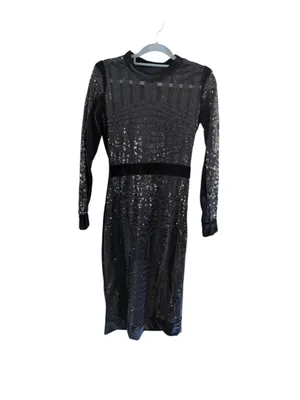 Black Velvet Midi Dress with Sheer Sparkle Sleeves thumbnail 4