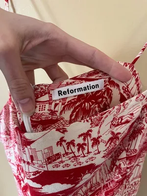 Reformation Sarah Red & Cream Los Angeles LA Printed Spaghetti-Strap Mini Dress thumbnail 9