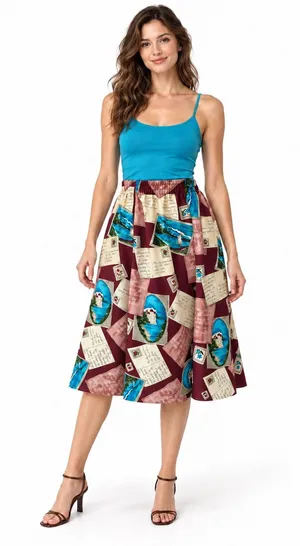 Vintage ‘90s Maggie Sweet Postcard Print Pleated Elastic Waist A-Line Midi Skirt thumbnail 1