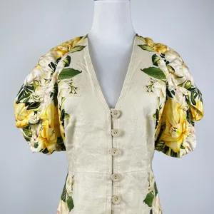 NWOT Farm Rio Linen Sand Garden Cascade Puff Sleeves Mini Dress Size L thumbnail 4