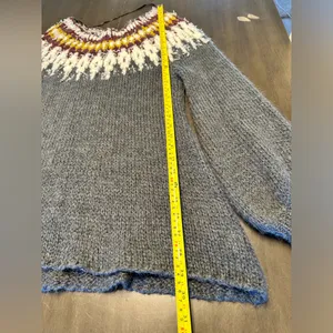 Free People Gray Fair Isle Wool Blend Boat Neck Bishop Sleeve Sweater Sz Small thumbnail 2
