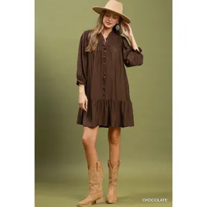Umgee Smocked Ruffle Detail Tiered Mini Dress - Chocolate - Small thumbnail 4
