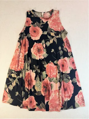 MTS Women’s Floral Sleeveless Swing T-Shirt Dress with Pockets Black Pink L thumbnail 1