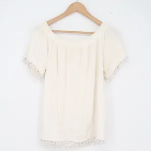 Wishlist Top Womens L Boho Off The Shoulder Cream Pom Pom Trim Excellent thumbnail 4