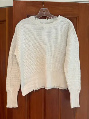 Pistola White Distressed Waffle-Knit Crewneck Sweater thumbnail 1