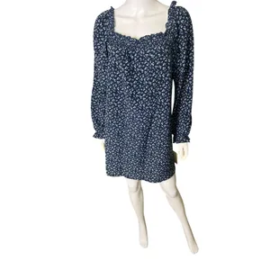 Bebop Womens Large Navy Floral Smocked Mini Dress Long Sleeve Cottagecore Ditsy thumbnail 6
