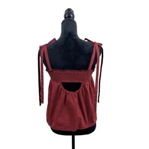Anthropologie Burgundy Embroidered Smocked Tie‎ Strap Boho Cami Top SM Peasant thumbnail 2