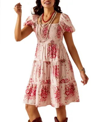 Ariat Pink Floral Smocked Midi Dress small flowers and horseshoes thumbnail 1