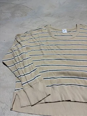 aerie Beige Striped Long Sleeve waffle knit Top large thumbnail 2