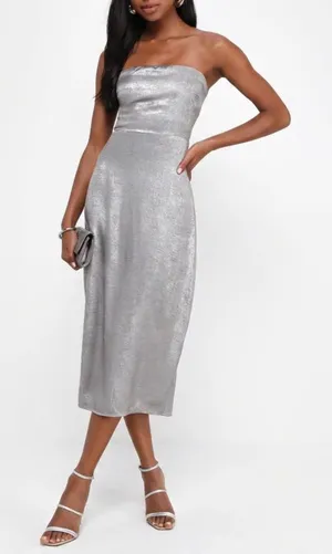 Lulus Silver Metallic Strapless Midi Dress High Low Tulip Hem Size L NWT thumbnail 1