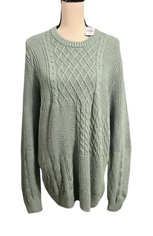 Hollister NEW Women's Green Cable Knit Crewneck Sweater Sz XL Fisherman Classic thumbnail 1