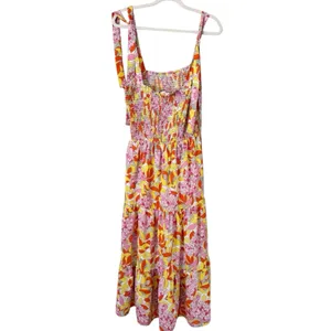 THML Smocked Midi Dress Tropical Floral Tiered Tie Straps Size Large Orange thumbnail 2