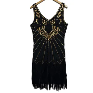Babeyond Flapper Dress Black Gold Sequin Fringe Gatsby 1920s Costume Party‎ L thumbnail 3
