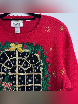 Vintage 90s Tiara International Red Christmas Sweater Sz Medium Teddy Bear Tree thumbnail 4