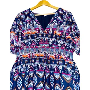 Old Navy A-Line Southwestern Midi Dress Tiered Womens Sz L Bubble Sleeve Smocked thumbnail 4
