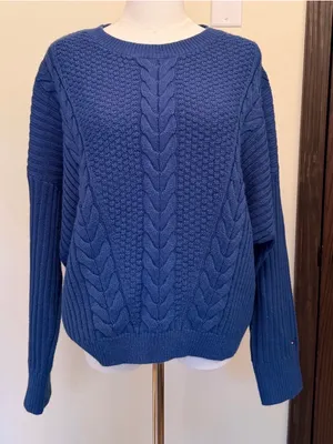 Tommy Hilfiger blue cable knit crewneck long sleeve sweater thumbnail 1
