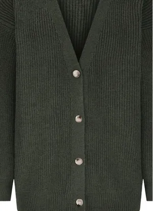 MEROKEETY Olive Green Ribbed V-Neck Cardigan Sweater thumbnail 2