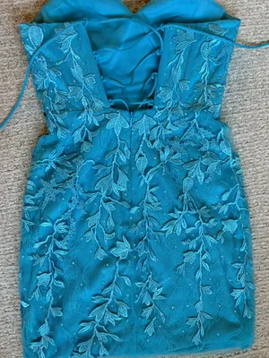 Strapless Teal Lace Appliqué Mini Dress thumbnail 2