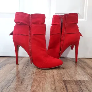 Vegan Suede Shoe Dazzle Lipstick Red Stilletto Ankle Boots w/ Bow Women's Sz 10 thumbnail 2
