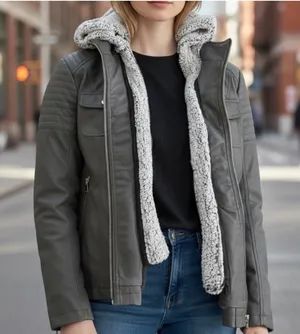 Novish Womens Gray Faux Leather Jacket with Sherpa Hood thumbnail 1