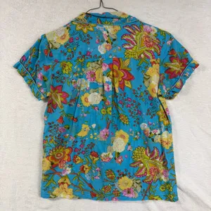 Floral‎ M Blue Print 100% Cotton Pajama Top Short Sleeve Pearl Button India Boho thumbnail 5