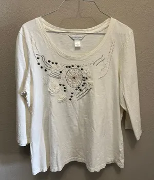 Christopher & Banks Cream Embroidered Scoop Neck Long Sleeve Top thumbnail 1