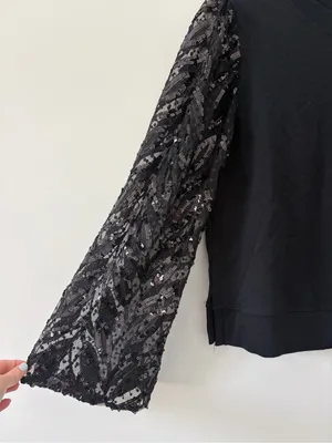 Anthropologie Maeve Black Tasha Lace Sequin Wide Sleeved Crewneck Sweatshirt S thumbnail 3