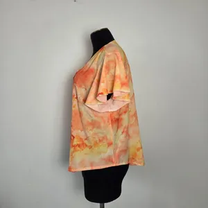 Orange Tie Dye Blouse Top Flutter Sleeves Feminine Fun Summer Hippie Gypsy Large thumbnail 3