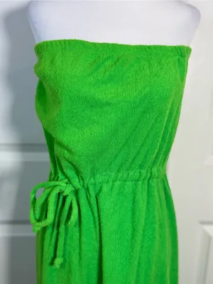 Vintage Chantel Terry Cloth Maxi Dress M Lime Green Strapless Pool Cover Up Slit thumbnail 3