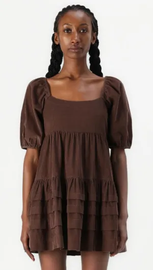 American Eagle AEO Brown Corduroy Baby Doll Tiered Mini Dress Puff Sleeves M thumbnail 1
