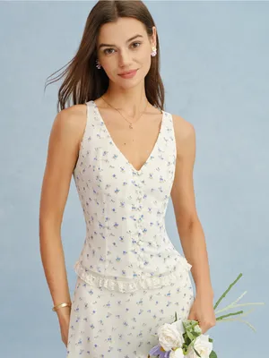 Rihoas Beige V Neck Floral Chiffon Tank Top thumbnail 2