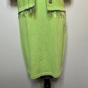 Vintage Liz Sheldon Ltd Lime Green‎ Skirt and Sweater Set w/ Jewel Tassel Detail thumbnail 3