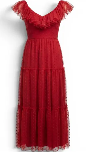 Tuckernuck Maxi Dress Womens S Swiss Dot Red Ruffle Tiered NEW thumbnail 1