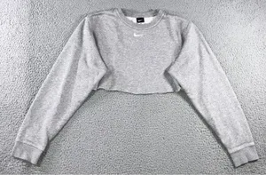 Nike Sweatshirt Women M Grey Cropped Raw Hem‎ Center Swoosh Pullover Fleece thumbnail 1