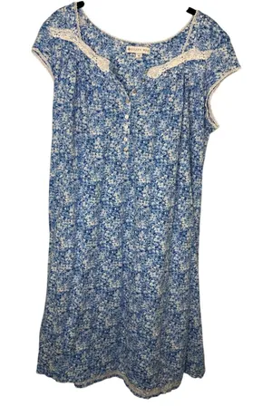 Eileen West Blue Floral Knit Short Nightgown Size Medium Cap Sleeves Lace thumbnail 1